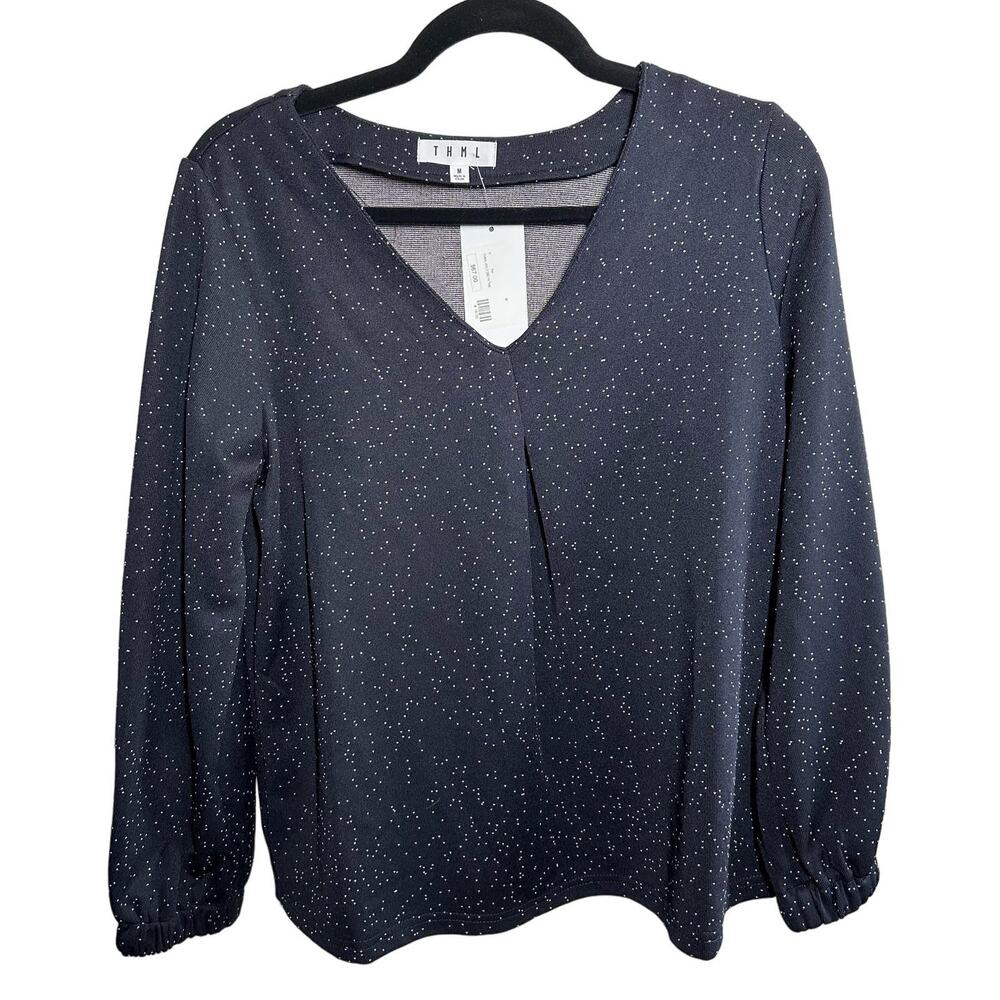 NEW THML Navy White Dotted‎ Long Sleeve Top Size Medium V Neck Winter